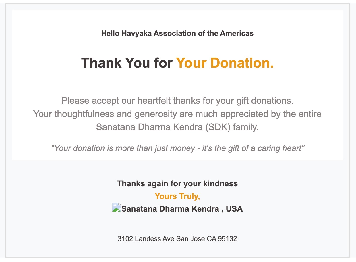 Northern California Chapter Donation to Sanatana Dharma Kendra