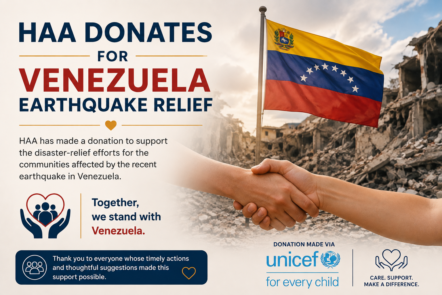 HAA Donates $1,000 for Venezuela Earthquake Relief