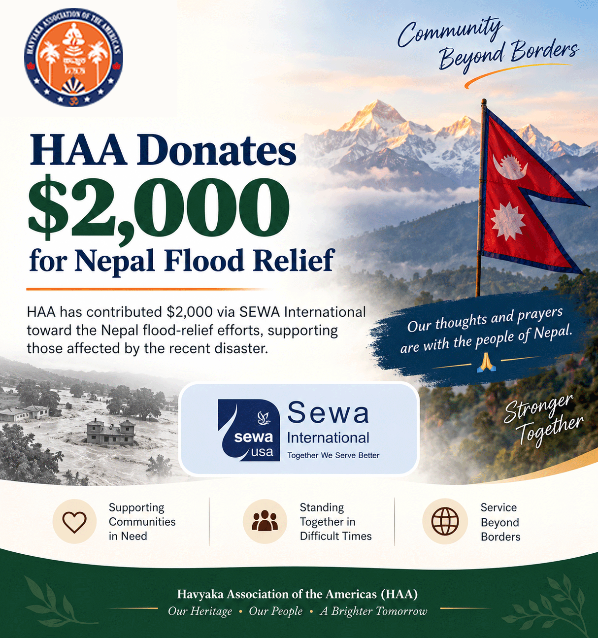 HAA Donates $2,000 for Nepal Flood Relief